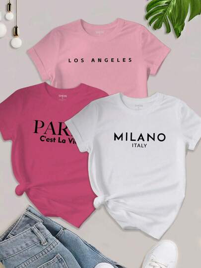 Chiquease 3PCS Women's Los Angeles Paris Letter Printed T-Shirt Short Sleeved Casual Tee LOS ANGELES Graphic Tees Women Tops