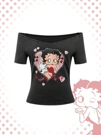 Betty Boop | ROMWE Camiseta corta de manga corta con estampado de corazón y dibujos animados, adecuada para el verano