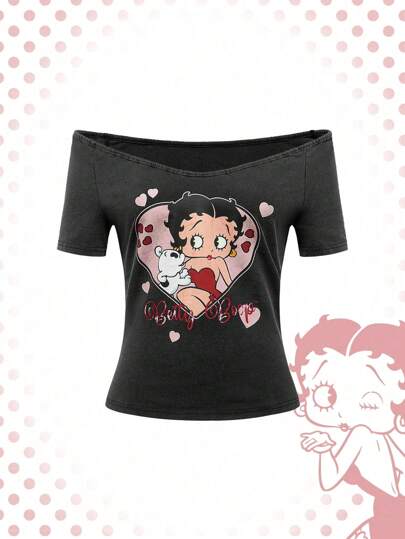 Betty Boop | ROMWE T-shirt à imprimé cœur et dessin animé avec épaules nues et manches courtes, convient pour l'été