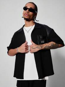 PAVTROS Manfinity Streetrush Men's Loose Fit Short Sleeve Casual Shirt With Alphabet Pattern, Summer - Black - View 6