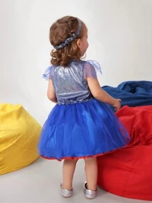 SHEIN Baby Girls' Cute & Fun Heart Symbols Net Yarn Flutter Sleeve Dress, Casual - Multicolor - View 2