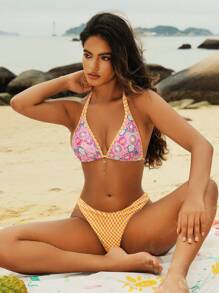 SHEIN Swim Halternek-bikinitikiniset met bloemenprint en sexy splitontwerp voor zomerse strandkleding