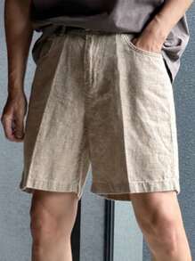 DAZY Men's Summer Loose-Fit Solid Color Linen Shorts With Pockets - Khaki - View 1