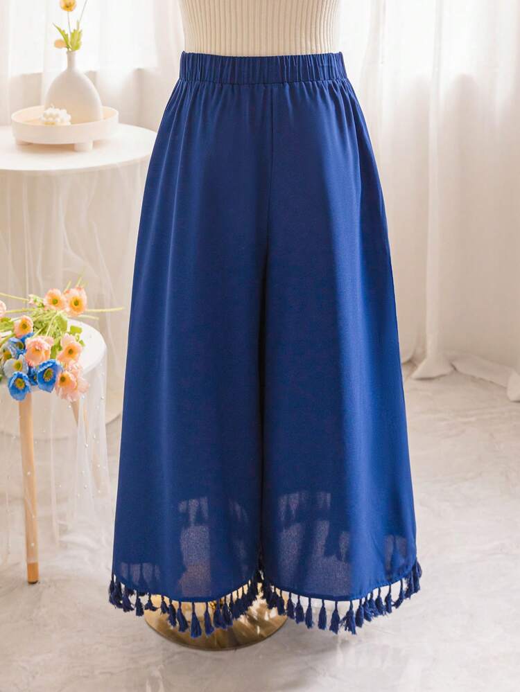 Casual Vacation Navy Blue Elastic Waistband Tassel Decoration Loose And Comfortable Wide Leg Plus Size Trousers