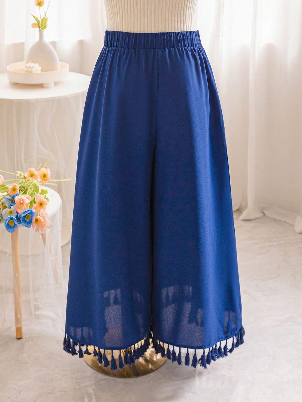 Casual Vacation Navy Blue Elastic Waistband Tassel Decoration Loose And Comfortable Wide Leg Plus Size Trousers