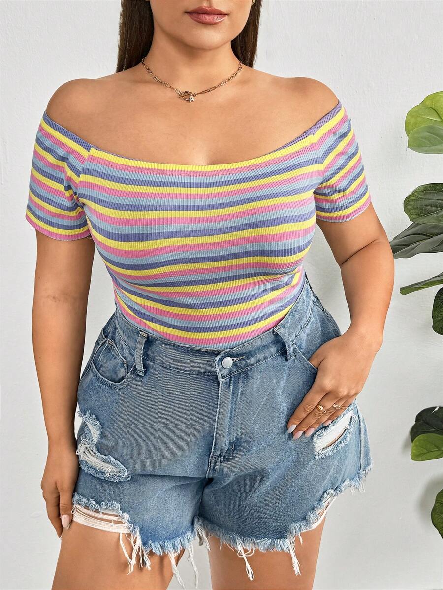 SHEIN Essnce Plus-Size Women's Date Tops, Rainbow Striped T-Shirts, Off-The-Shoulder Tops, Cute Summer Dresses,Summer Women Dresses Casual Summer Dress Summer Tops,Teacher Clothes Teacher T Shirt  Fall Women Clothes