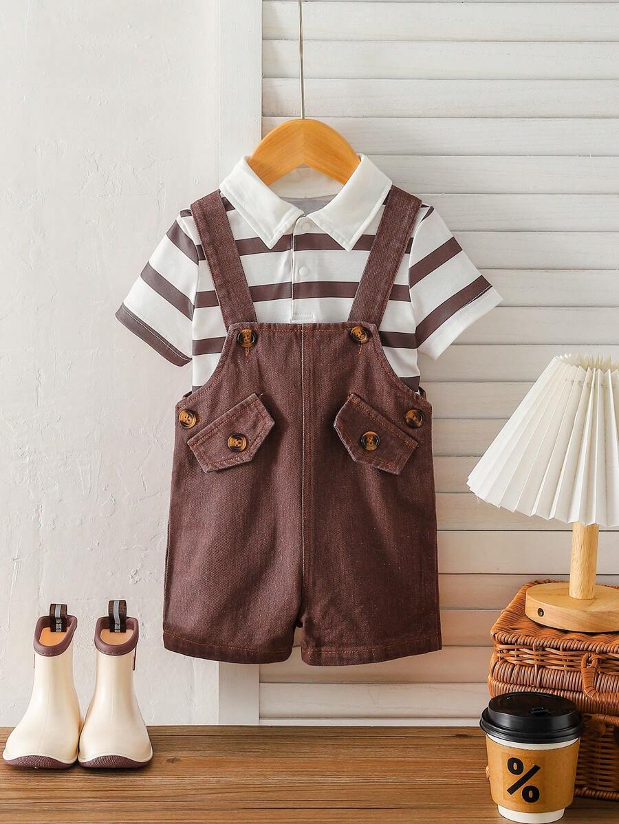 Polo Collar Striped Short Sleeve T-Shirt And Overall Shorts Retro American Country Style Fashionable Outfit For Baby Boys