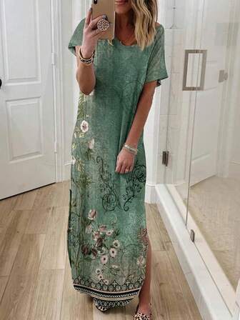 女式西式復古印花圓領短袖連衣裙，配有分裂式下擺