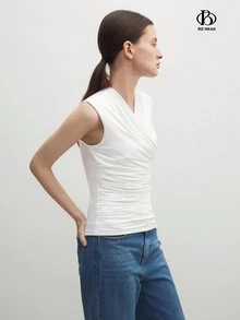 BizChic Regata feminina casual plissada de verão com decote em V em cor sólida - Branco - Visão 4