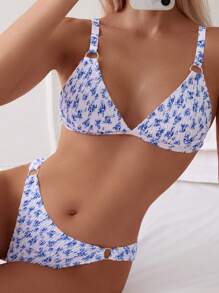 Swim Mod Women's Summer Beach Ditsy Floral Sexy Bikini Set - Random Pattern - Blue and White - View 3