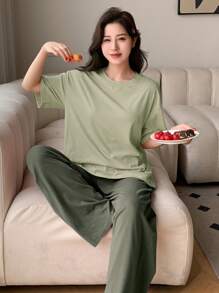 DAZY Simple Monochrome Short Sleeve Top & Long Pants Home Clothes Set, Outfits Pajama - Green - View 1