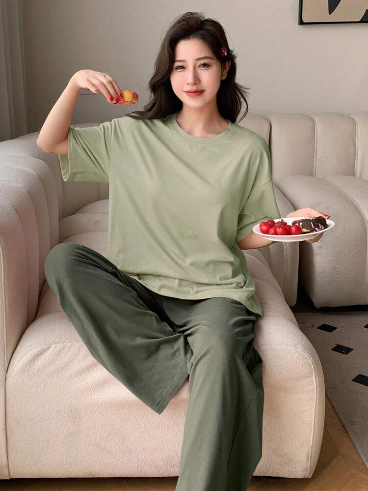 Simple Monochrome Short Sleeve Top & Long Pants Home Clothes Set, Outfits Pajama