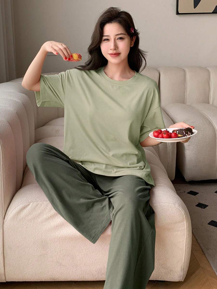 DAZY Simple Monochrome Short Sleeve Top & Long Pants Home Clothes Set, Outfits Pajama - Green - View 1