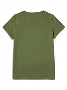 SHEIN Áo thun nữ cổ tròn ngắn tay màu trơn mùa hè - xanh quân đội - Xem 2