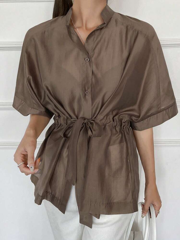 Women's Business Casual Tie Waist Short Sleeve Shirt Summer Preppy Tops