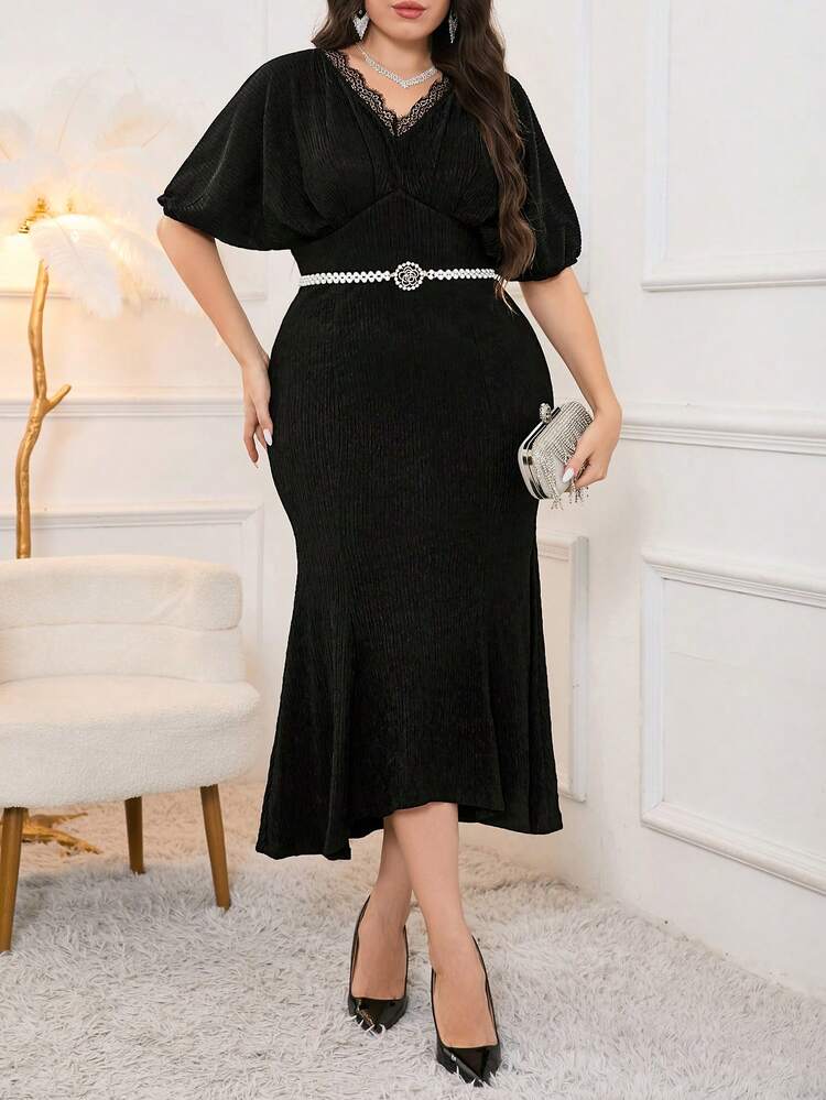 Plus Size Women's Lace Patchwork Batwing Sleeve Mermaid Hem Dress,Elegant Evening Party Dress Long Evening Dresses