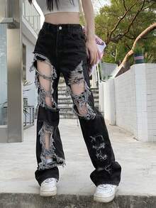 Ripped Distressed Women's Jeans, Versatile - Black - View 1