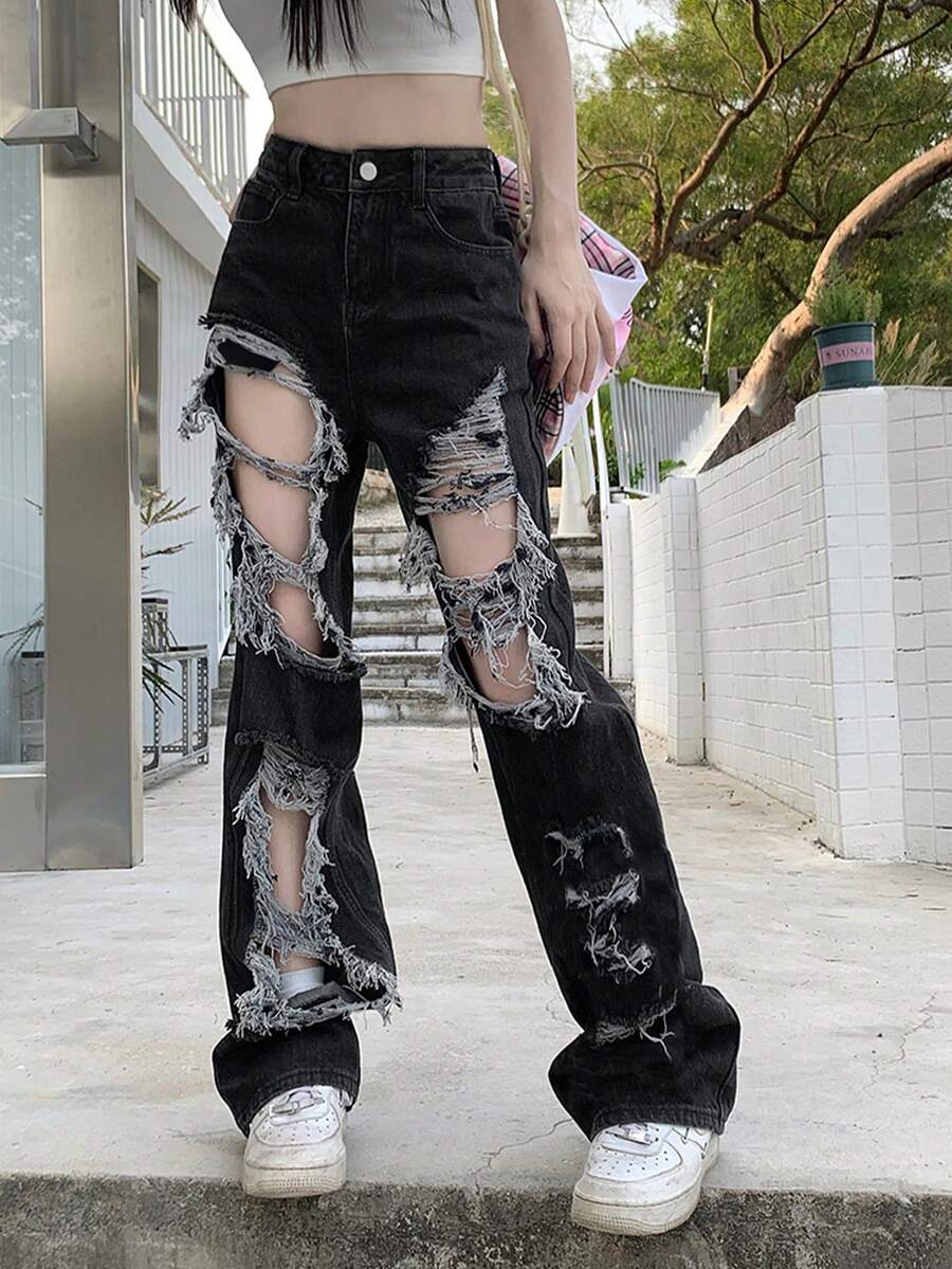 Ripped Distressed Women's Jeans, Versatile - Black - View 1