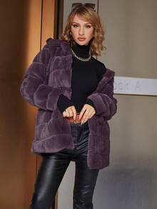 Eilly Bazar Solid Open Front Fuzzy Coat For Winter - Red Violet - View 1