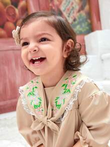 SHEIN Baby Girls' Retro Embroidered Dress With Bow Decoration - Apricot - View 3