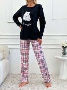 RueChic Hoạt hình & In Khẩu hiệu Tay áo dài Áo thun Và Checkered Quần Bộ đồ ngủ ( Không có Mặt nạ mắt ) - màu đen - Xem 5