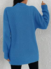 SHEIN Cottnline Suéter De Hombros Caídos Con Cuello Alto De Color Liso - Azul - Ver 2