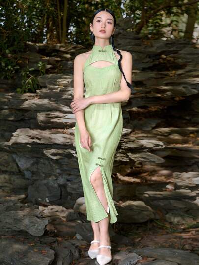 EastFlair Vestido de estilo chino Cheongsam con patrón oscuro y abertura para el verano