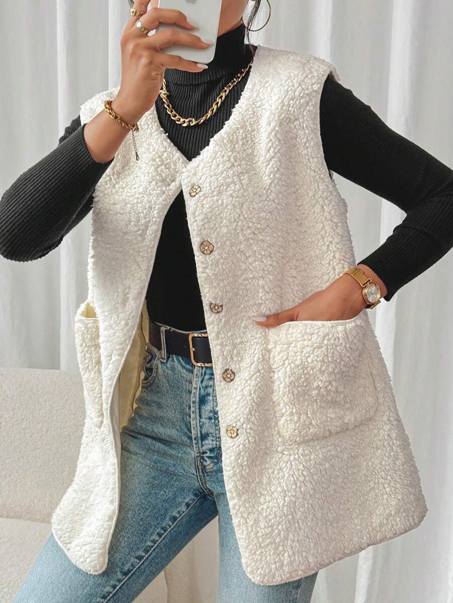 SHEIN Frenchy Dual Pocket Button Front Teddy Vest Coat In Fall/Winter - Beige - View 1