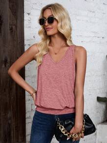 SHEIN LUNE Women's V-Neck Ruched Hem Black & White Striped Casual Comfortable Tank Top For Summer ,Modest Tops Workout Tank Tops,Casual - Dusty Pink - View 6