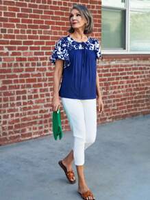 SHEIN LUNE Women Casual Summer Floral Print Tie-Down Blue Top - Blue - View 7