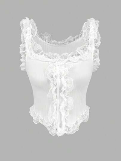 SHEIN EZwear Women's White Lace Knitting High Elasticity Asymmetrical Hem Camisole Tank Top For Summer