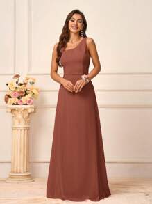 SHEIN Belle Vestido romántico de mujer con cuello asimétrico, diseño de espalda descubierta y tirantes spaghetti. Confeccionado en encaje floral y tela de gasa, en línea A y longitud completa. Ideal para dama de honor.