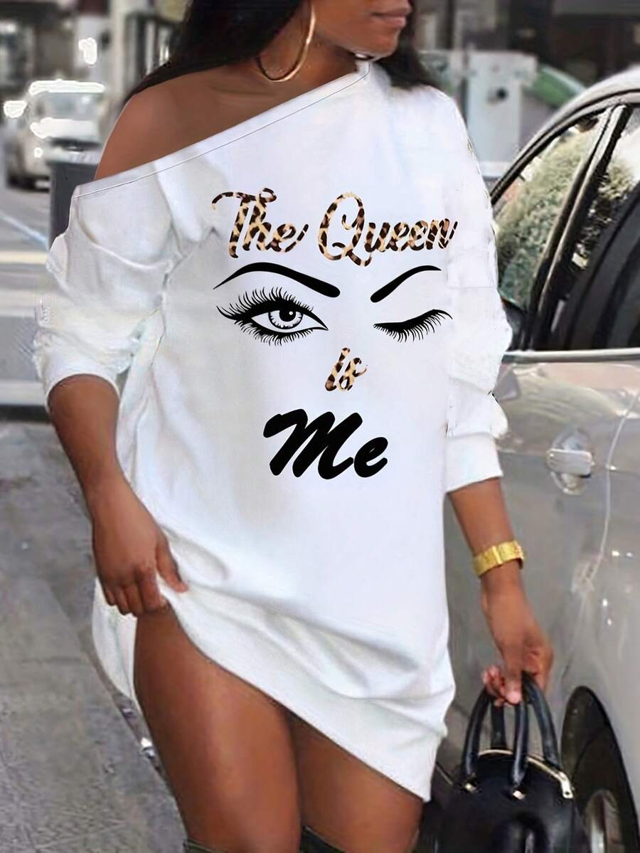 Figure & Slogan Graphic Asymmetrical Neck Sweatshirt Dress For Summer - White - View 1