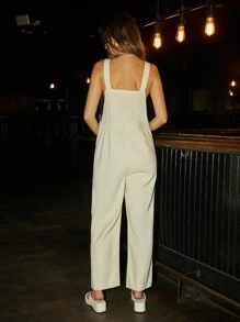 Forever 21 休閒純色丹寧連身寬腿褲 - 米色 - 查看 2