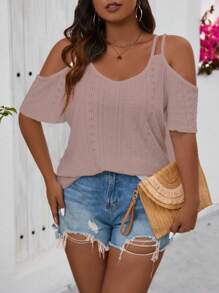 SHEIN Holidaya Plus Size Nữ Màu Trơn Đốt Ra Thêu Hoa Hở Vai Ngắn Áo Thun Cho Kỳ Nghỉ - Bụi hồng - Xem 1