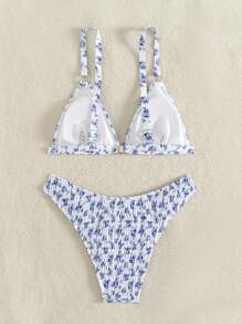 Swim Mod Women's Summer Beach Ditsy Floral Sexy Bikini Set - Random Pattern - Blue and White - View 2