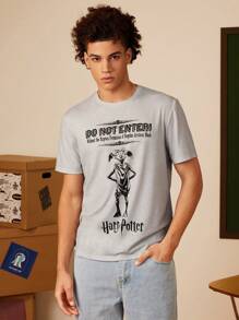 HARRY POTTER X SHEIN Men Casual Integrated Knit DOBBY Character Print Round Neck Short Sleeve T-Shirt - Grey - View 3