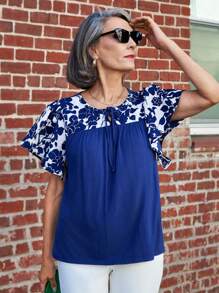 SHEIN LUNE Women Casual Summer Floral Print Tie-Down Blue Top - Blue - View 3