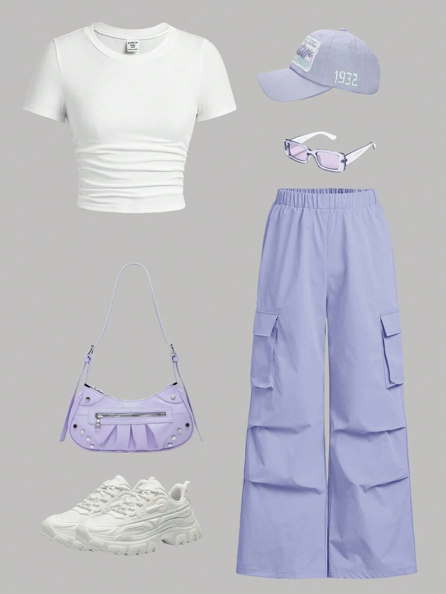 SHEIN Girlism Conjunto casual de dos piezas para adolescente con camiseta de manga corta acanalada y arrugada de punto y pantalones largos con bolsillos de acordeón - Púrpura malva - Ver 1