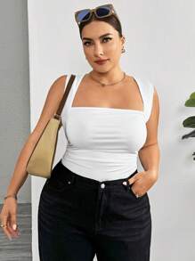 SHEIN Essnce Plus Size Women's Summer Casual Sexy Tight White Vest Bodysuit, Summer Women's Clothes,Curve Plus,Brunch Outfit - White - View 7