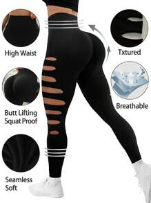 Slayform Women's Solid Color Athletic Running Leggings With Distressed Holes For Workout Outfit Yoga Pants - Black - View 1