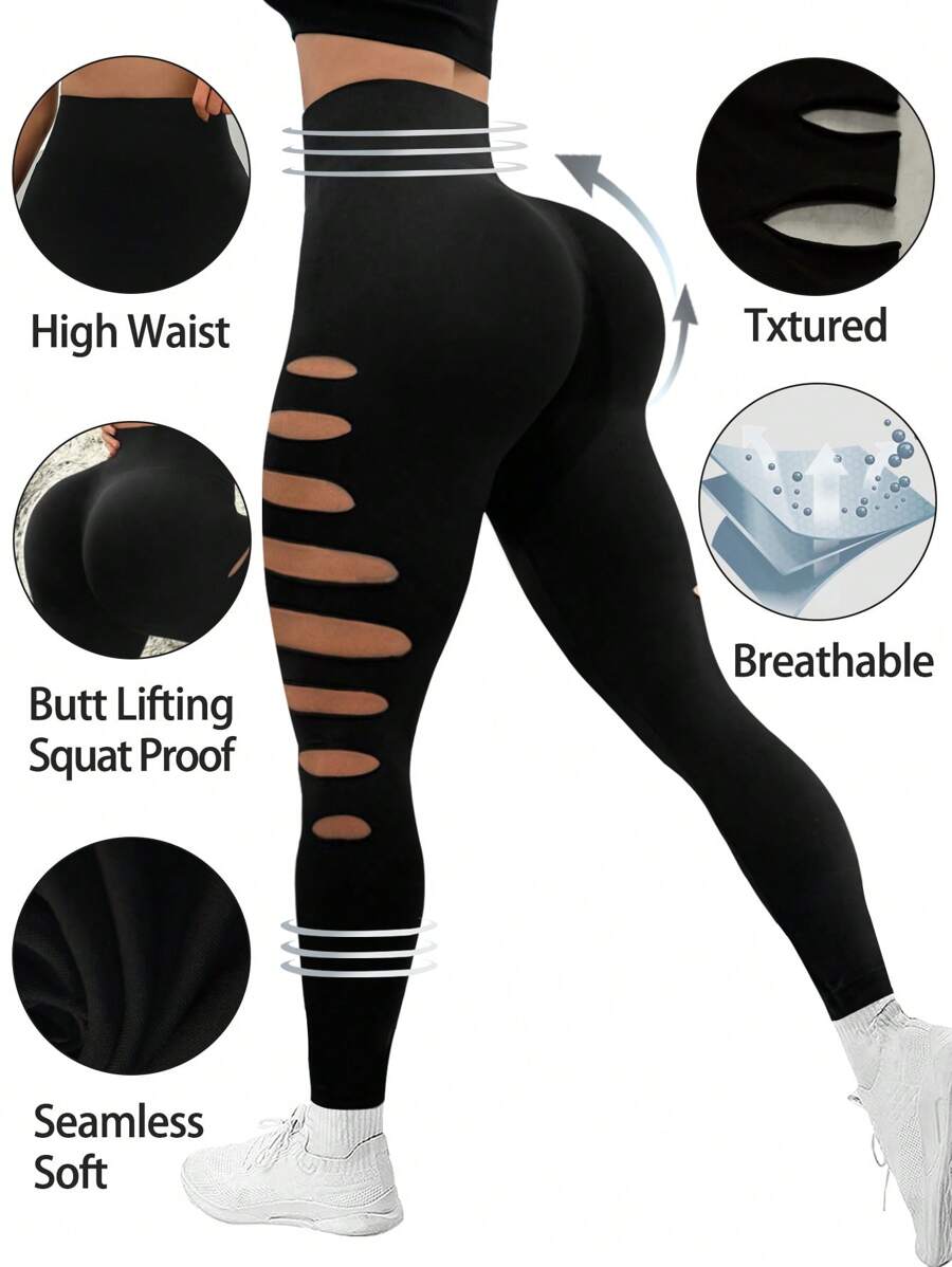 Slayform Women's Solid Color Athletic Running Leggings With Distressed Holes For Workout Outfit Yoga Pants - Black - View 1