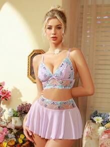 SHEIN Women's Embroidered Mesh Contrast Sexy Lingerie Set - Baby Blue - View 4