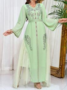 Váy dự tiệc Ả Rập dài tay bằng vải tuyn đính đá màu xanh lá cây cho nữ, váy Abaya sang trọng, váy kín đáo - màu xanh lá - Xem 5