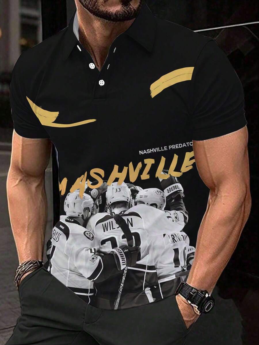 男士夏季字母和字符印花短袖休閒POLO衫，通勤 - 彩色 - 查看 1