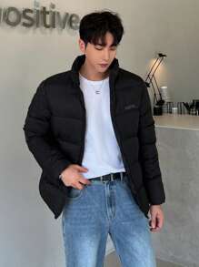 DAZY 男士拉链字母印花棉服外套，冬季夹克 - 黑色 - 查看 8