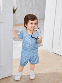 男嬰幾何圖案前紐扣T恤和短褲 - 藍色 - 查看 5