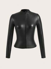 Slaydiva 秋季街頭休閒音樂節圓領長袖拉鍊上衣迷你裙PU女士兩件套-H號 - 黑色 - 查看 4