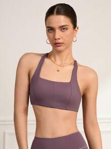 SHEIN Sports Women's Solid Color Back Cross Daily Fitness Sports Bra - Blue - View 4