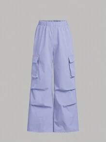 SHEIN Girlism Conjunto casual de dos piezas para adolescente con camiseta de manga corta acanalada y arrugada de punto y pantalones largos con bolsillos de acordeón - Púrpura malva - Ver 5